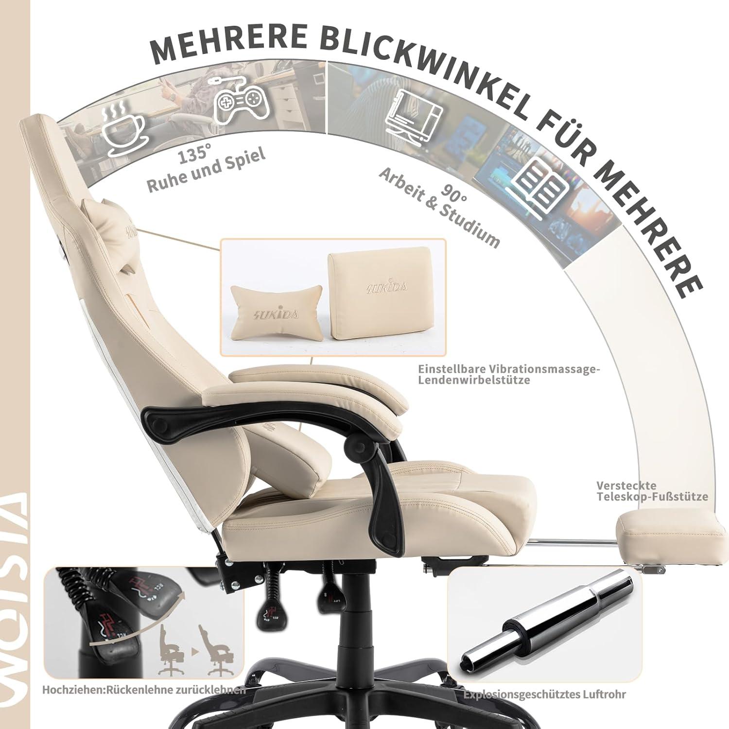 Ergonomischer Gaming Stuhl Computerstuhl mit Fußstütze Lendenwirbelstütze Beige