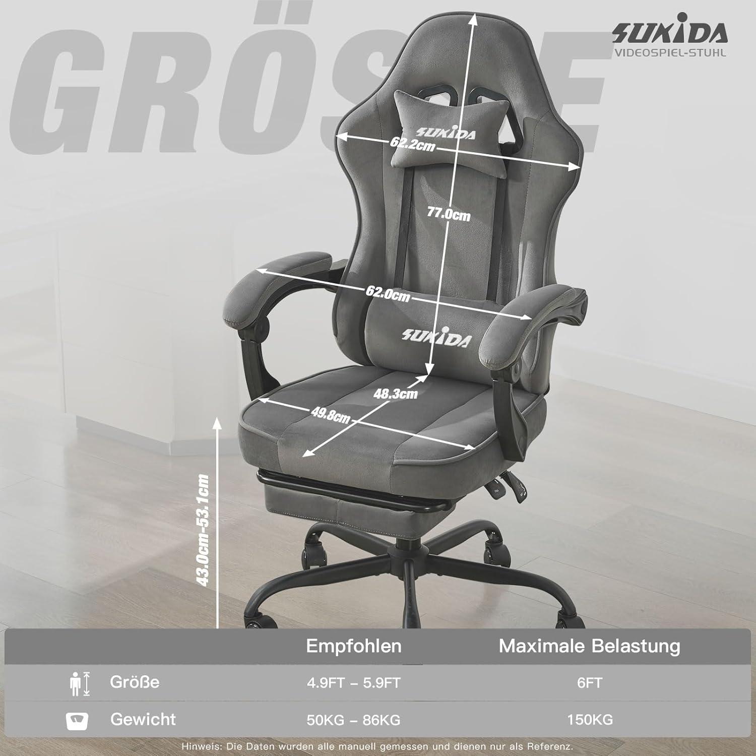 Ergonomischer Gaming Stuhl Stoff Grau mit Fußstütze