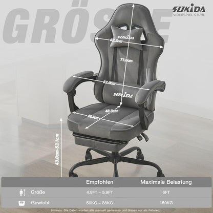 Ergonomischer Gaming Stuhl Stoff Grau mit Fußstütze