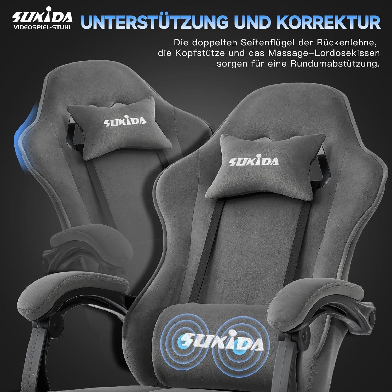 Gaming Stuhl mit Stoffbezug, ergonomisch, verstellbar, Grau