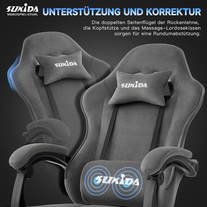 Gaming Stuhl mit Stoffbezug, ergonomisch, verstellbar, Grau