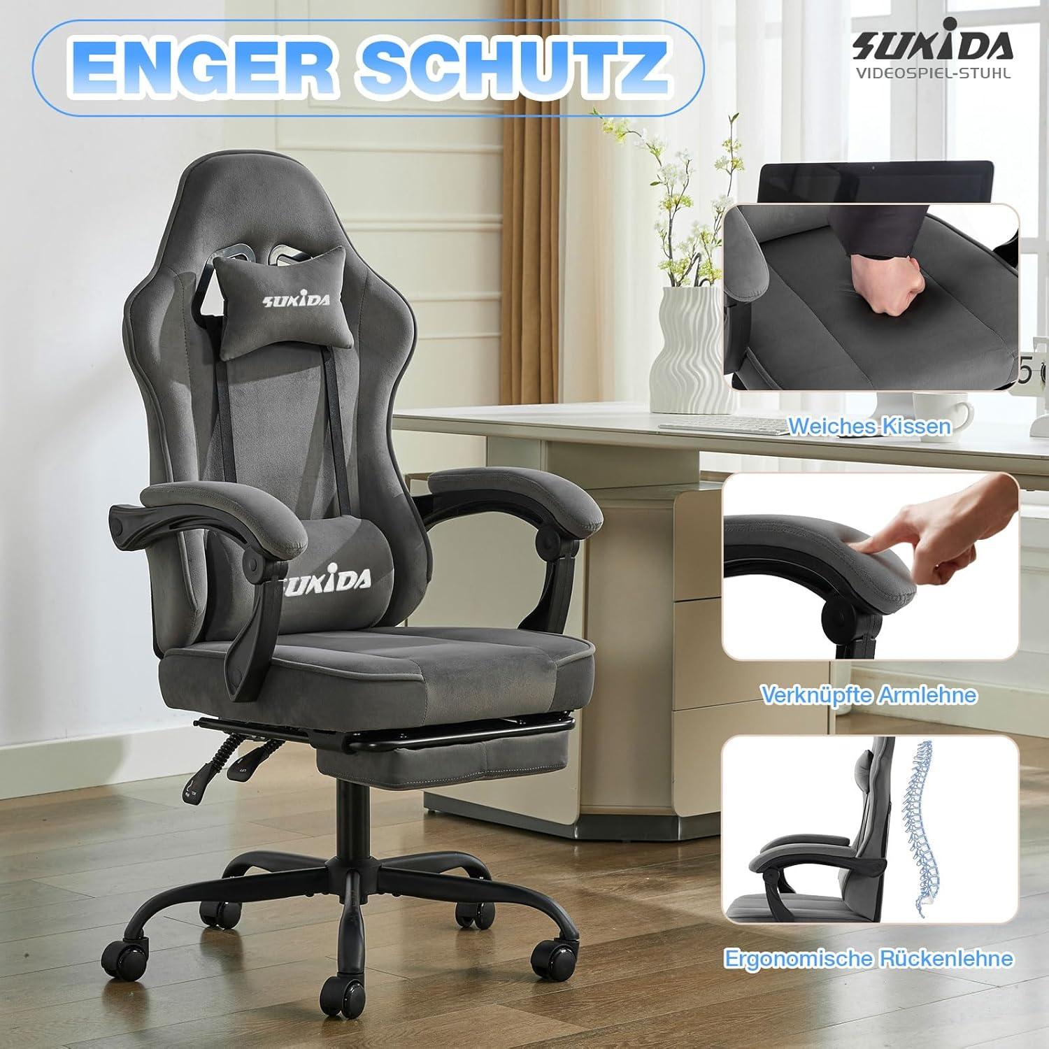 SUKIDA Gaming Stuhl Stoff ergonomischer Racing Chair mit Fußstütze