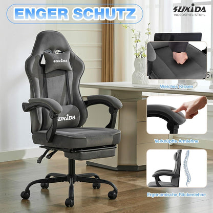 SUKIDA Gaming Stuhl Stoff ergonomischer Racing Chair mit Fußstütze