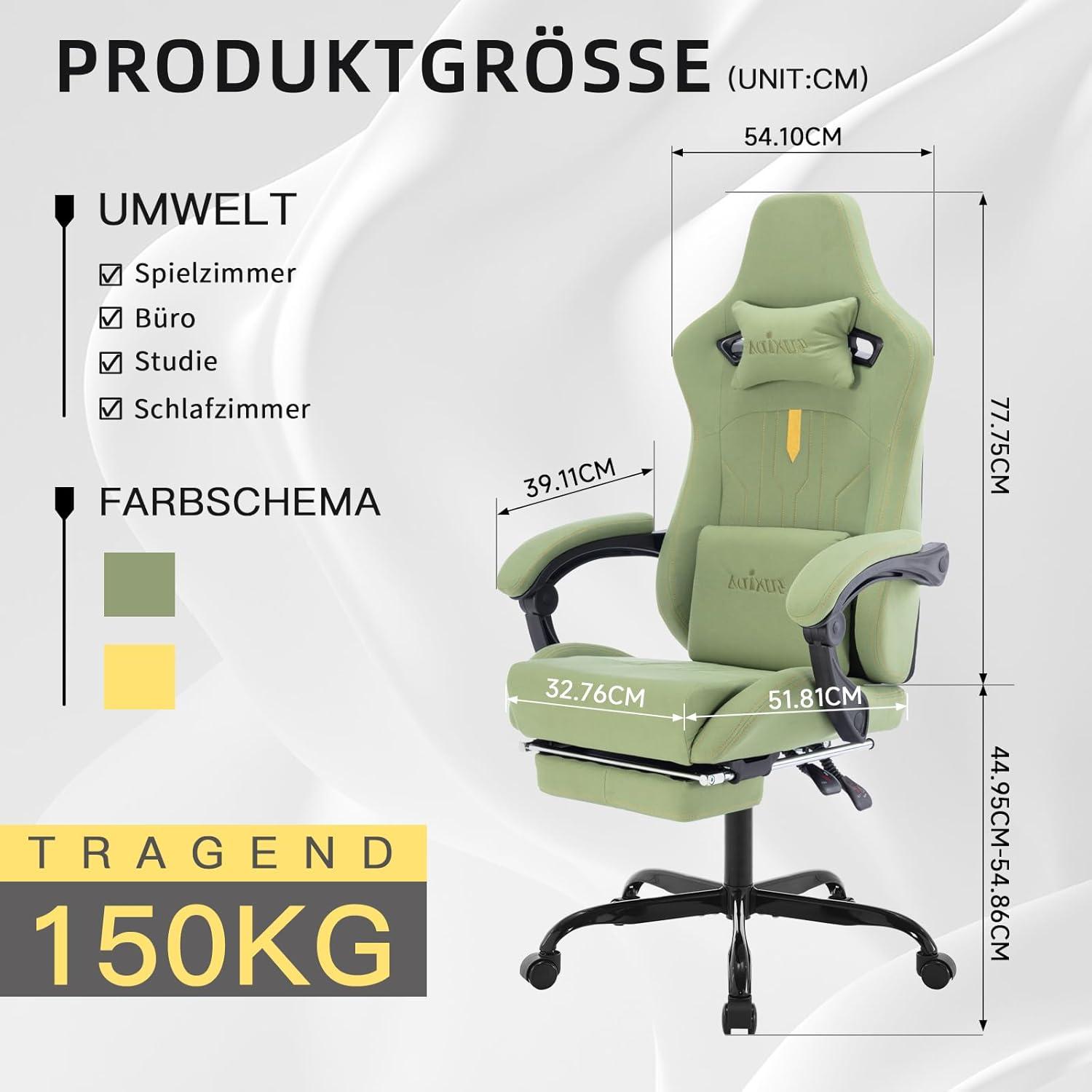 Ergonomischer Gaming Stuhl mit Fußstütze und Lendenwirbelstütze in