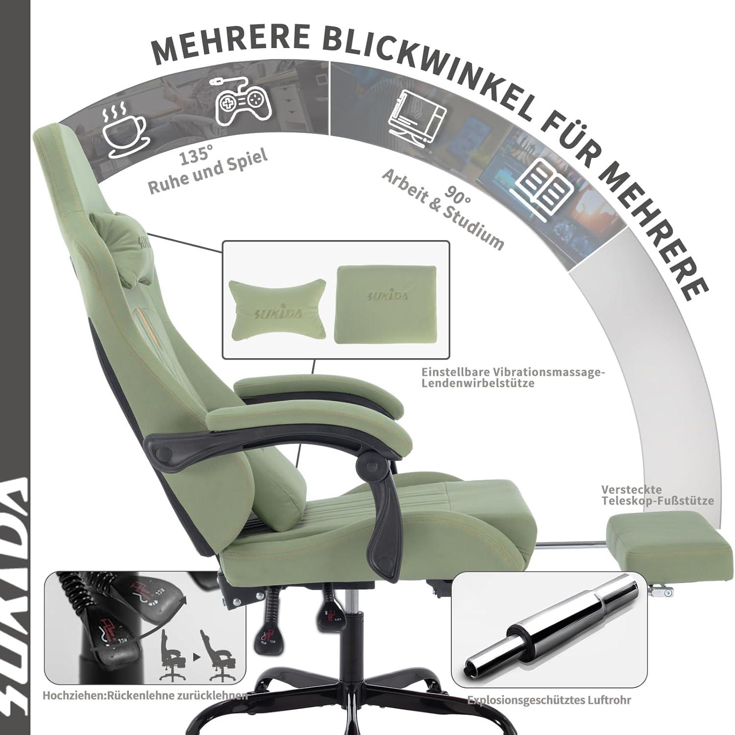SUKIDA Gaming Stuhl Ergonomischer Bürostuhl Grün Lendenwirbelstütze