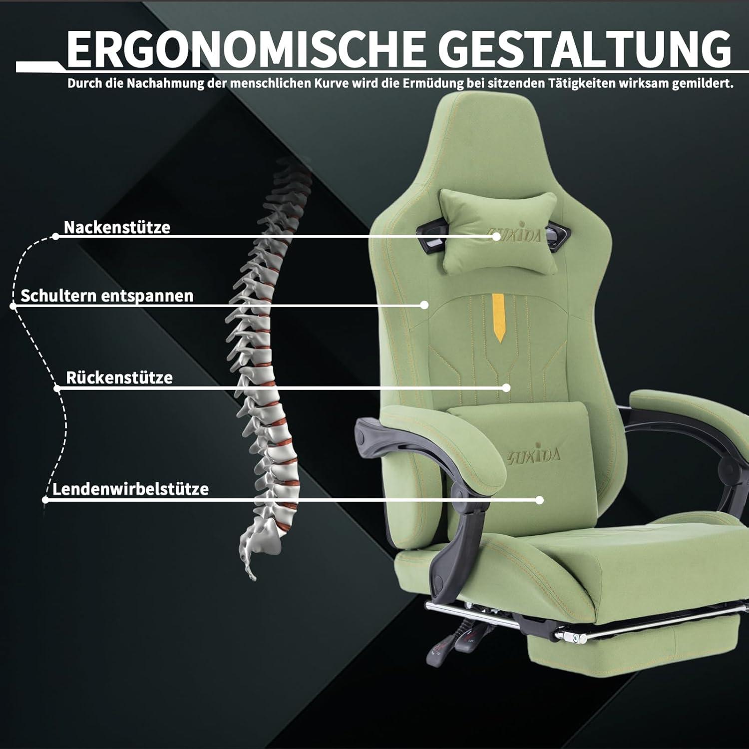 Ergonomischer Gaming Stuhl mit Fußstütze Grün Tech-Gewebe