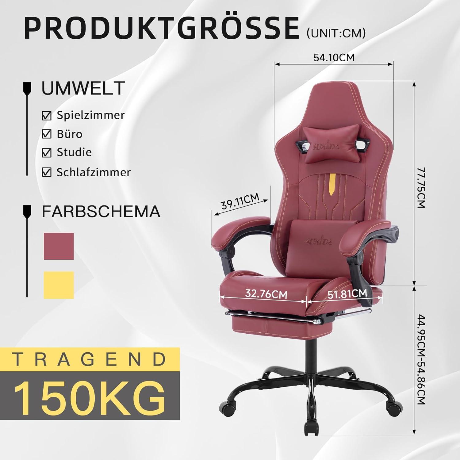 Ergonomischer Gaming Stuhl mit Fußstütze und Lendenwirbelstütze in Rot