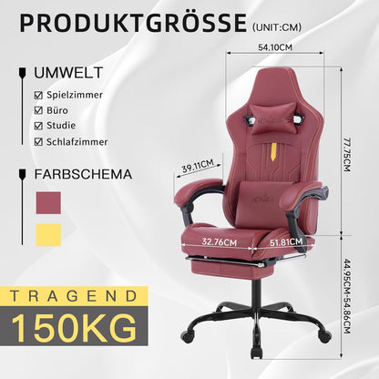 Ergonomischer Gaming Stuhl mit Fußstütze und Lendenwirbelstütze in Rot