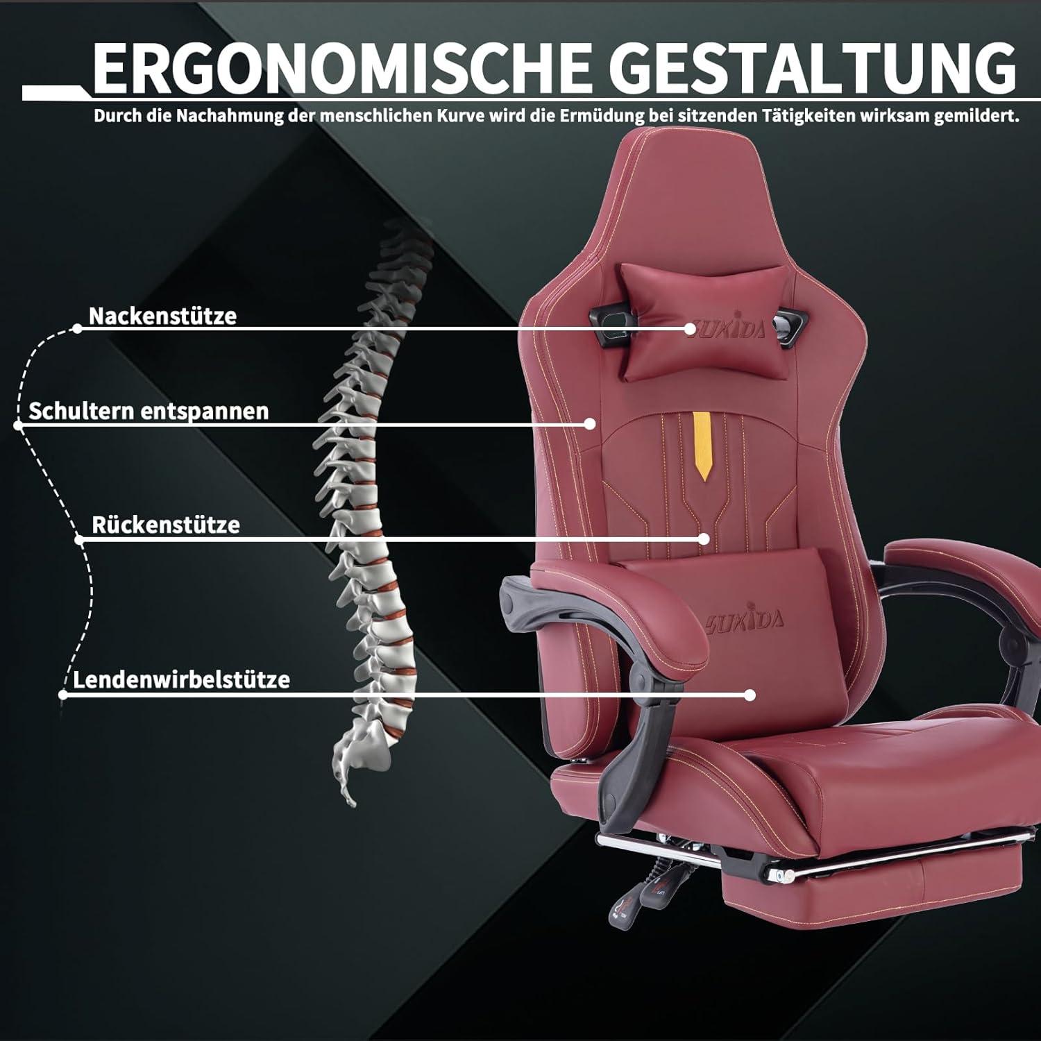 Ergonomischer Gaming Stuhl mit Fußstütze und Lendenwirbelstütze - Rot