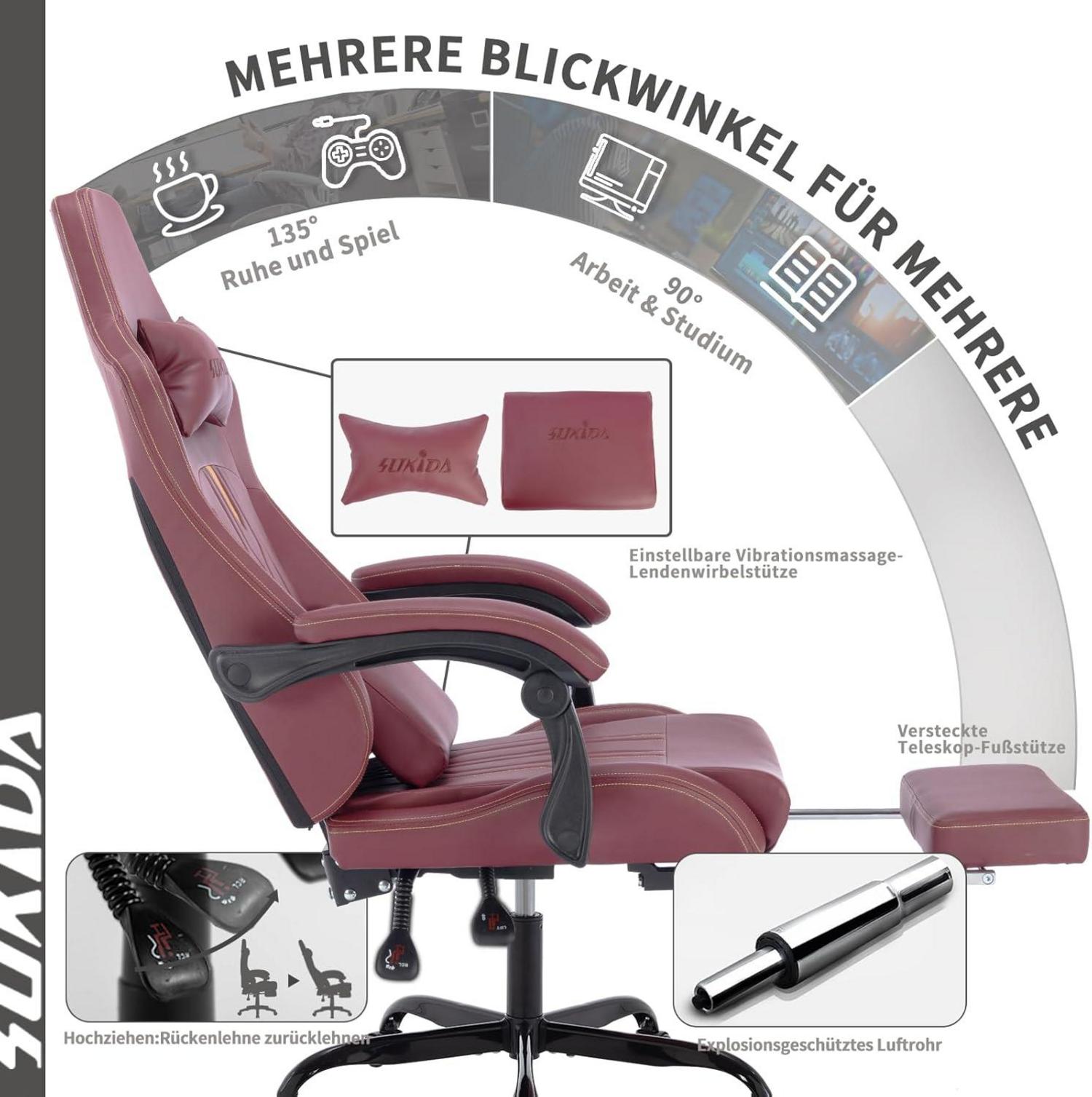 Ergonomischer Gaming Stuhl Computerstuhl mit Fußstütze LendenwirbelstützeRot