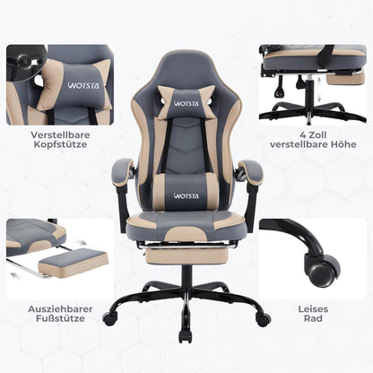 Ergonomischer Gaming Stuhl mit Fußstütze und Lendenwirbelstütze BlauBeige