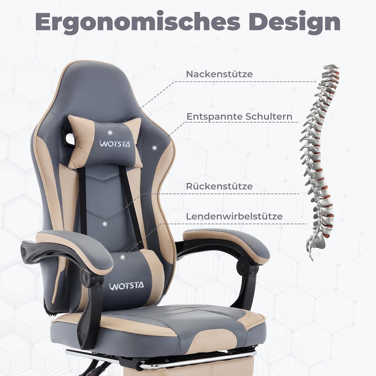 Gamingstuhl mit Fußstütze, ergonomisches Design, BlauBeige