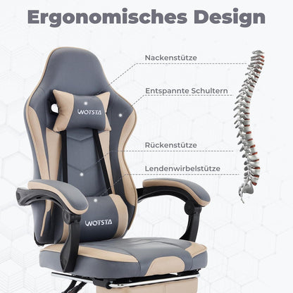 Gamingstuhl mit Fußstütze, ergonomisches Design, BlauBeige