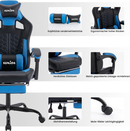 Ergonomischer Gaming-Stuhl mit Fußstütze und Metallrahmen - Blau