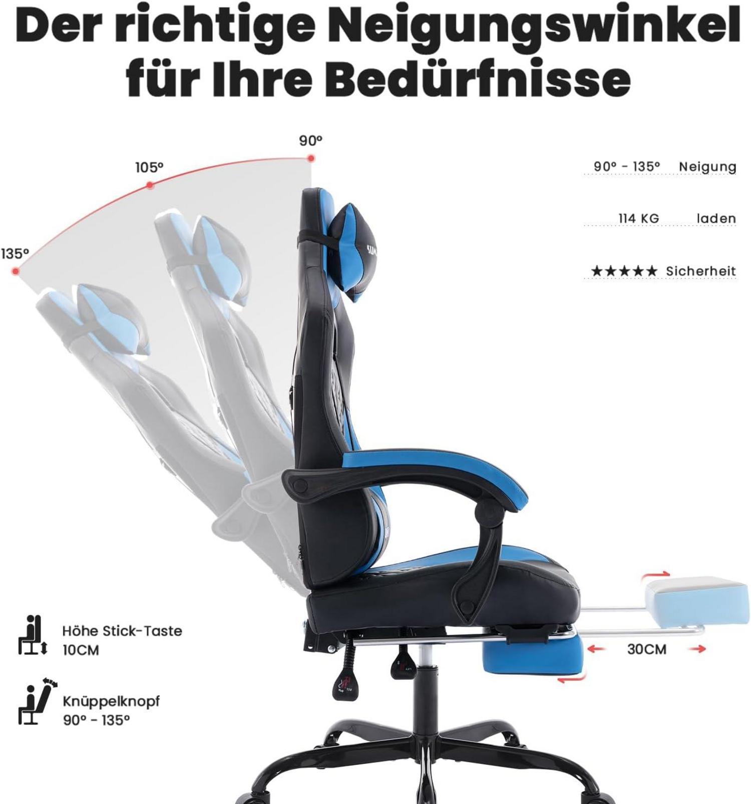 Ergonomischer Gaming-Stuhl mit Fußstütze und Kopfstütze Blau