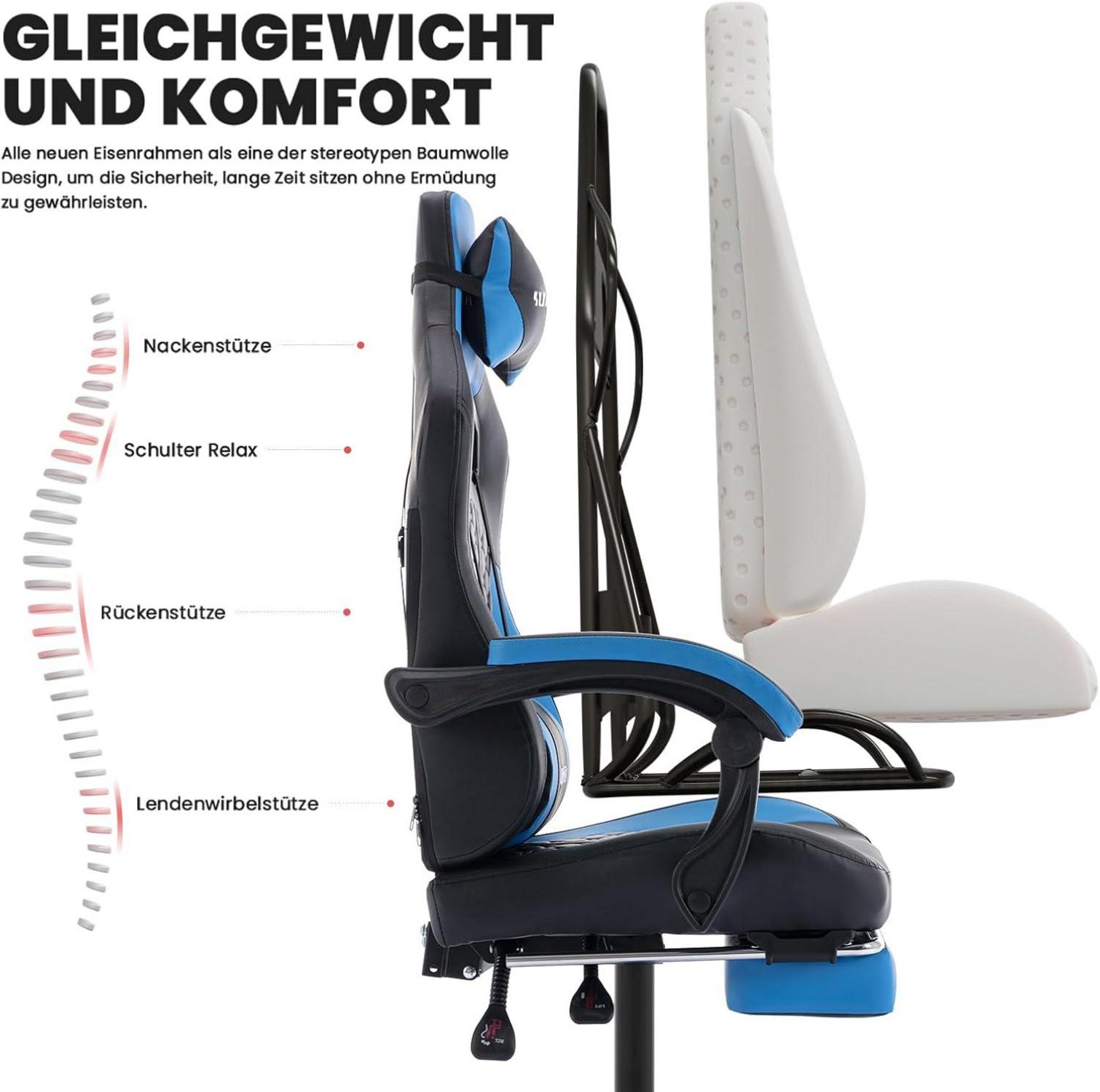 Ergonomischer Gaming-Stuhl mit Fußstütze und Kopfstütze Blau