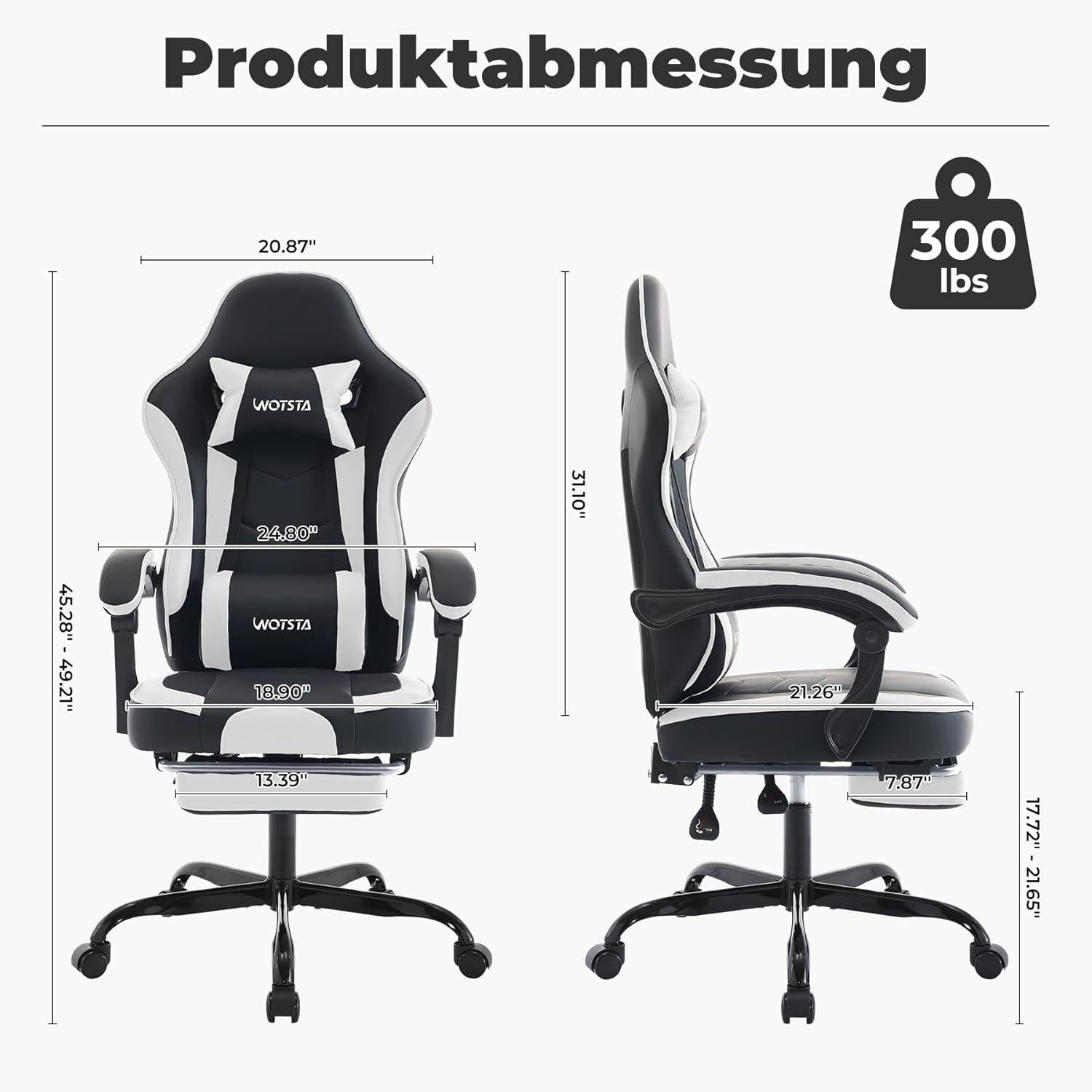 Ergonomischer Gaming Stuhl mit Fußstütze und Lendenwirbelstütze