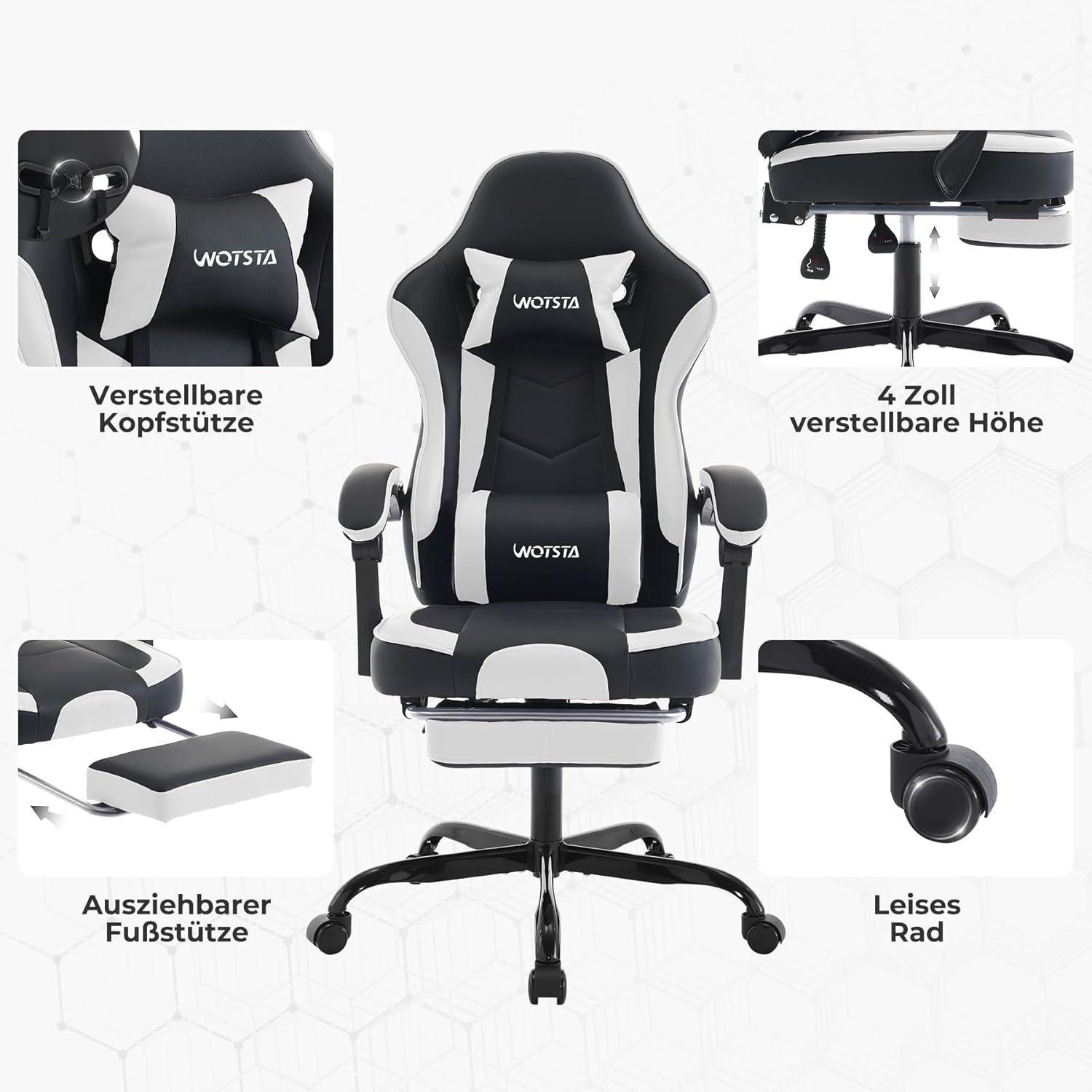 Ergonomischer Gaming Chair mit Fußstütze und Lendenwirbelstütze