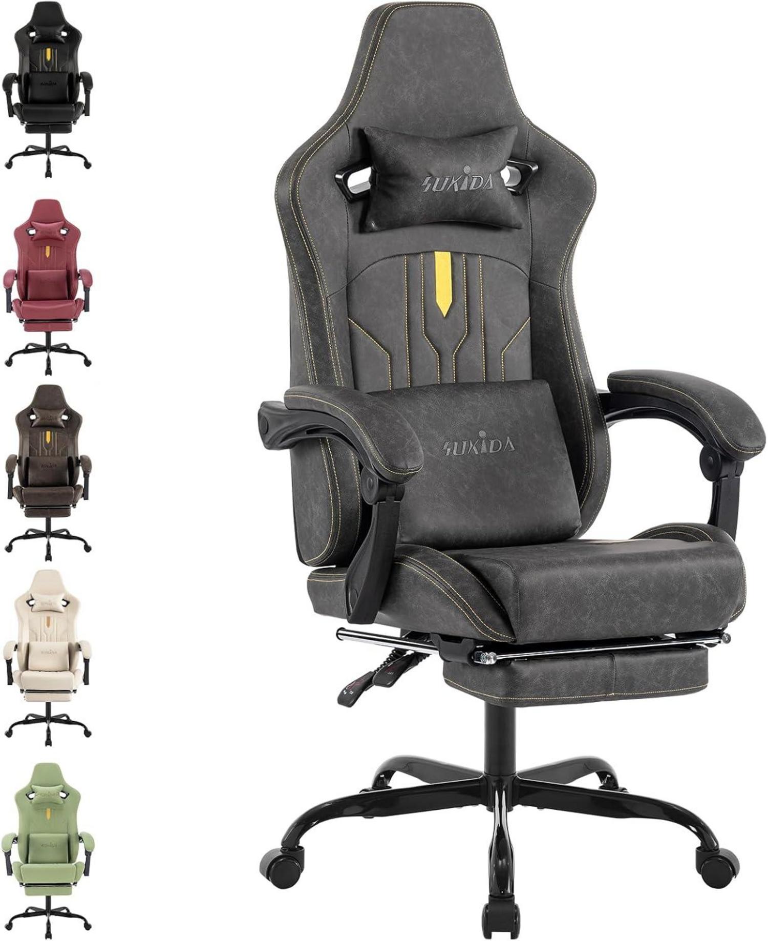 Ergonomischer Gaming Stuhl mit Fußstütze Lendenwirbelstütze Grey
