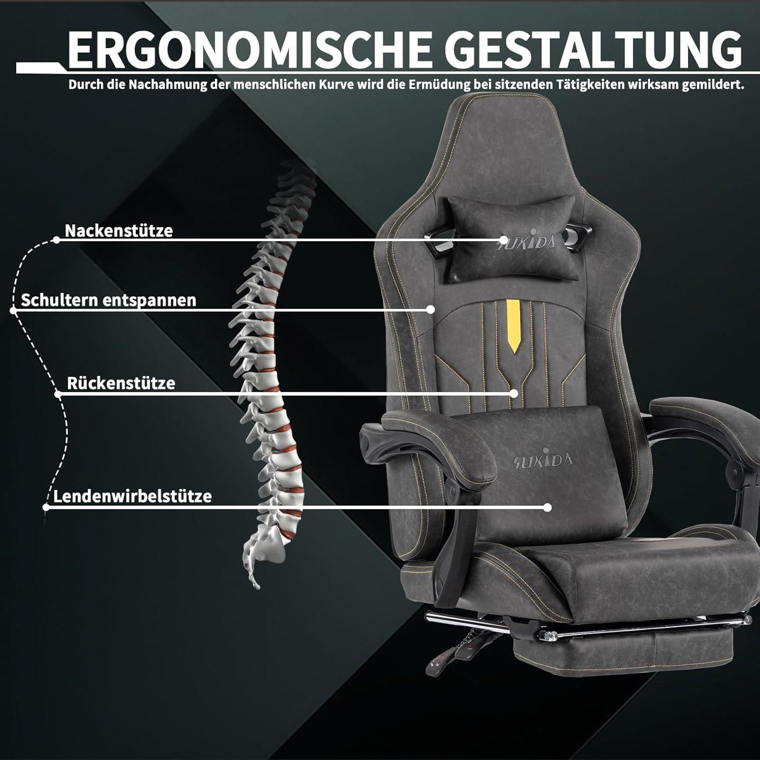 Gaming Stuhl Ergonomischer Computerstuhl mit Fußstütze Lendenwirbelstütze Grey