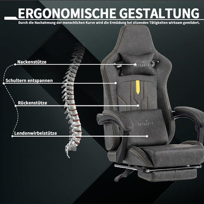 Gaming Stuhl Ergonomischer Computerstuhl mit Fußstütze Lendenwirbelstütze Grey