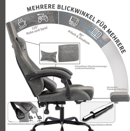 Ergonomischer Gaming Stuhl mit Fußstütze und Lendenwirbelstütze - Grau
