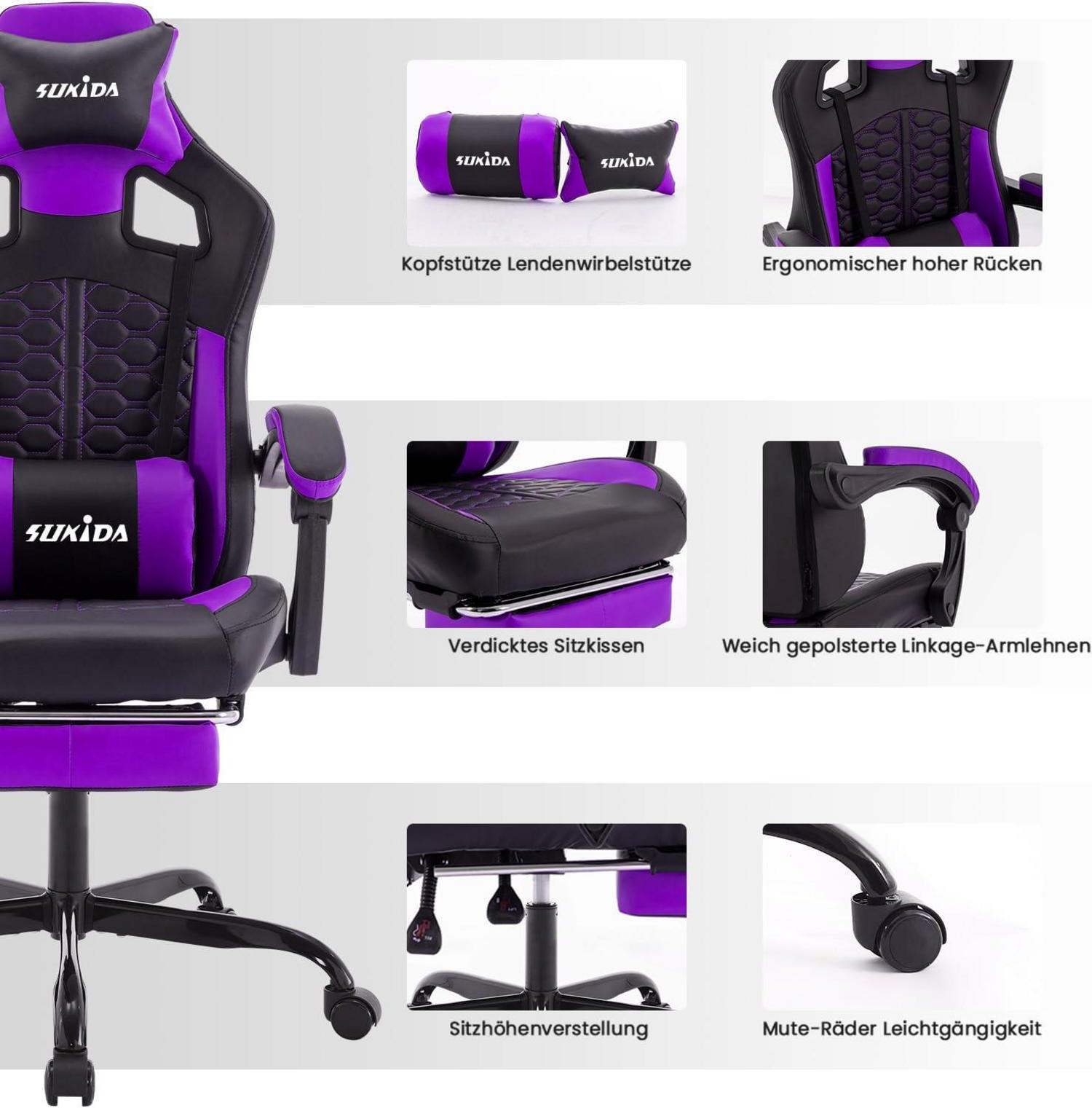 Ergonomischer Gaming-Stuhl mit Fußstütze und Kopfstütze, Lila