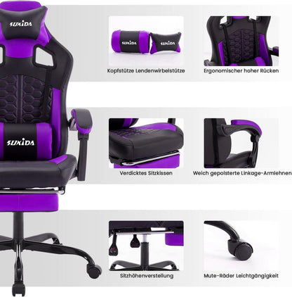 Ergonomischer Gaming-Stuhl mit Fußstütze und Kopfstütze, Lila