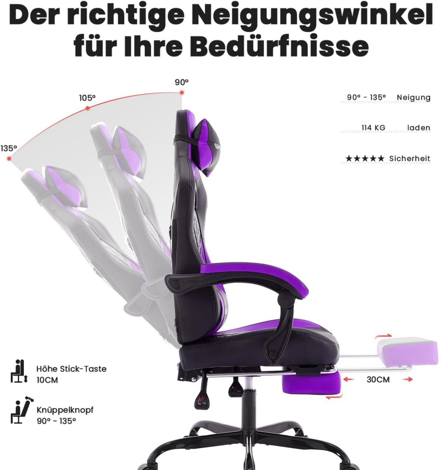 Ergonomischer Gaming-Stuhl mit Fußstütze und Kopfstütze - Lila