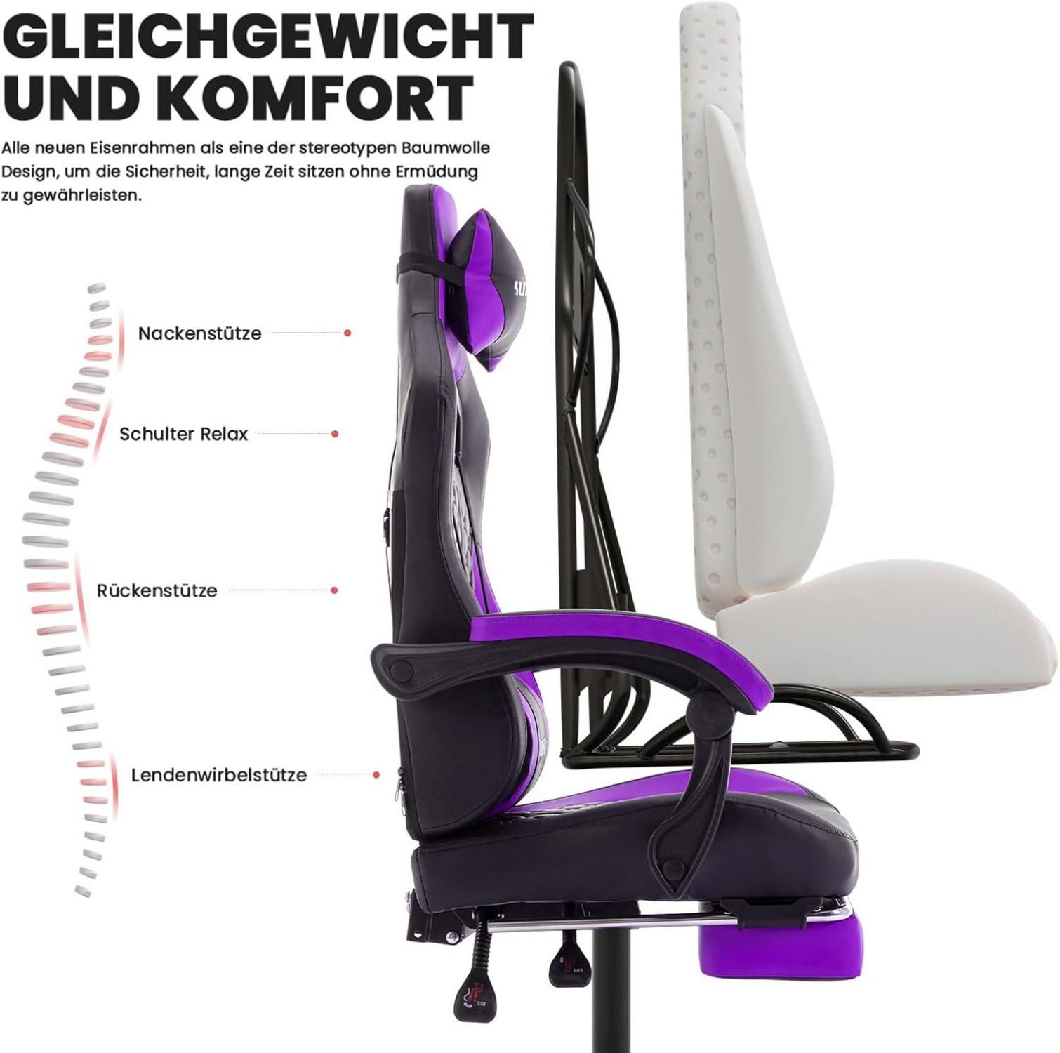 Ergonomischer Gaming-Stuhl mit Fußstütze und Kopfstütze - Lila