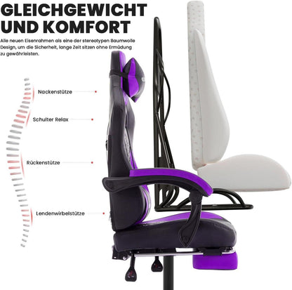 Ergonomischer Gaming-Stuhl mit Fußstütze und Kopfstütze - Lila