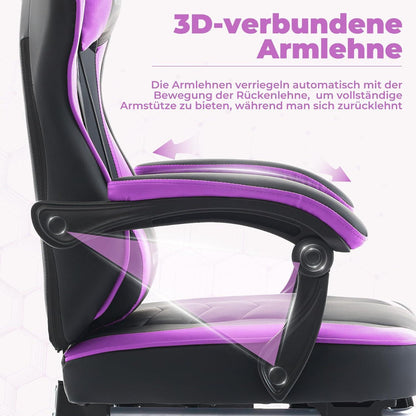 Ergonomischer Gaming Stuhl mit Fußstütze und Lendenwirbelstütze SchwarzViolett