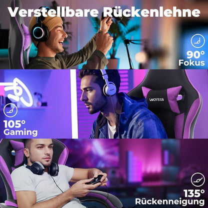Ergonomischer Gaming Stuhl mit Fußstütze und Lendenwirbelstütze SchwarzViolett