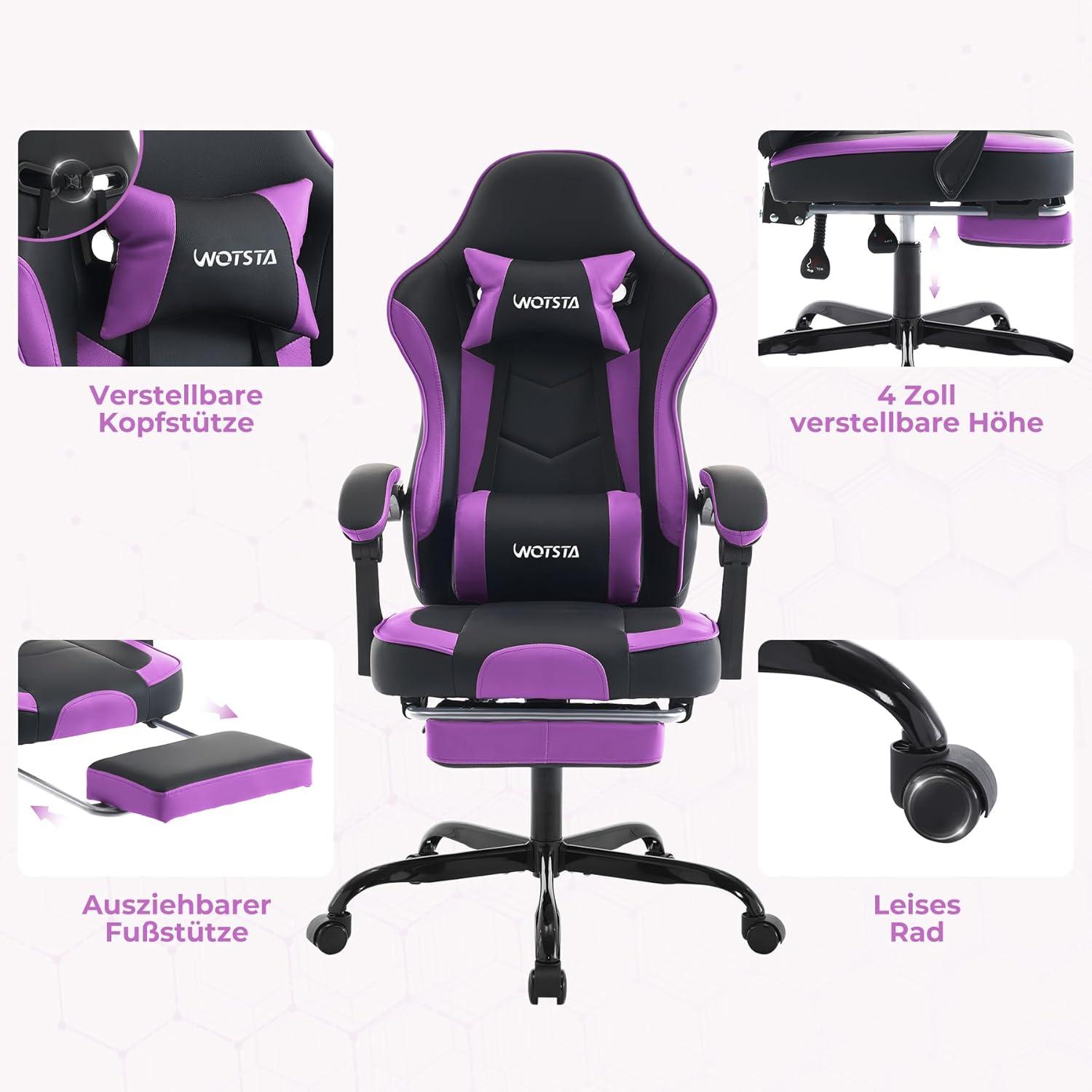WOTSTA Gaming Stuhl mit Fußstütze und Lendenwirbelstütze - SchwarzViolett
