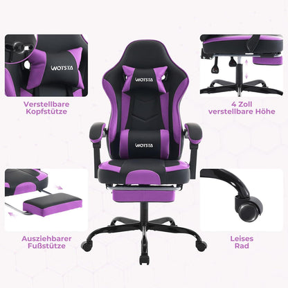 WOTSTA Gaming Stuhl mit Fußstütze und Lendenwirbelstütze - SchwarzViolett