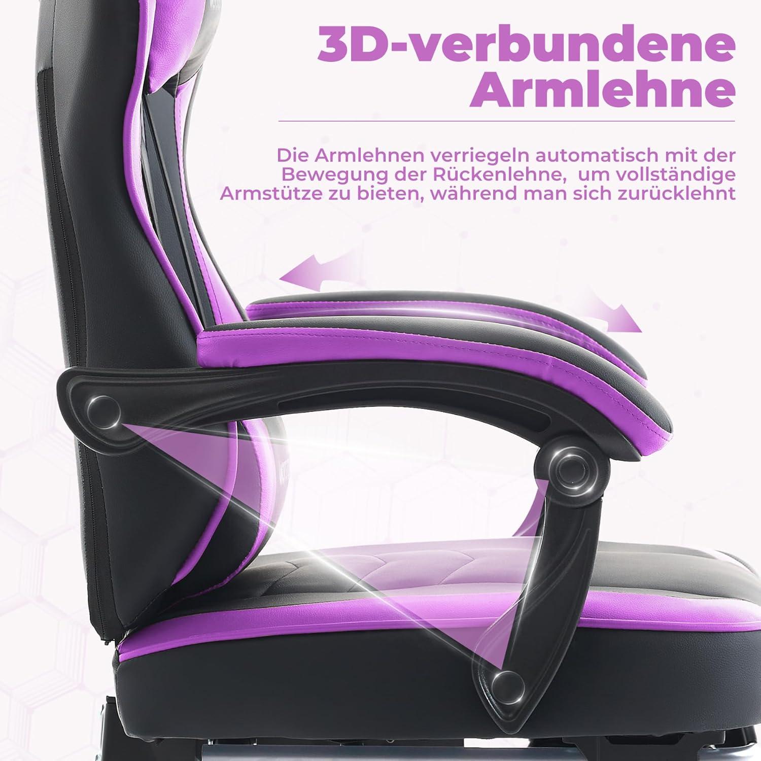 Gaming Stuhl mit Fußstütze und Lendenwirbelstütze SchwarzViolett