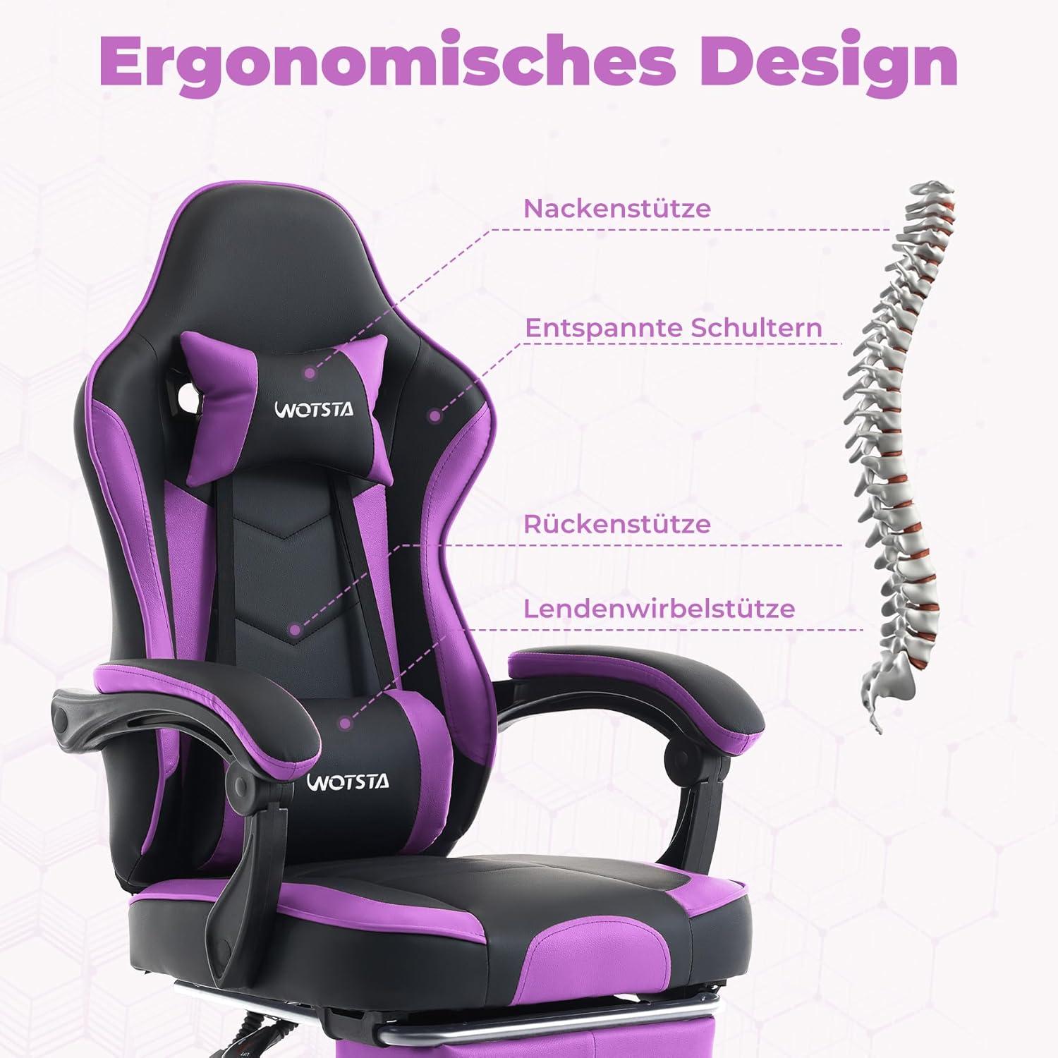 Gaming Stuhl mit Fußstütze, Lendenwirbelstütze SchwarzViolett