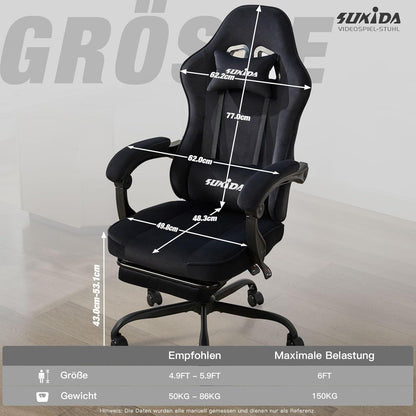 Ergonomischer Gaming Stuhl Stoff Schwarz Lordosenstütze