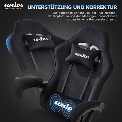 Ergonomischer Gaming Stuhl Stoff Schwarz mit Fußstütze und Lordosenstütze