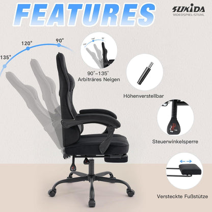 Ergonomischer Gaming Stuhl Stoff Schwarz Racing Chair Lordosenstütze