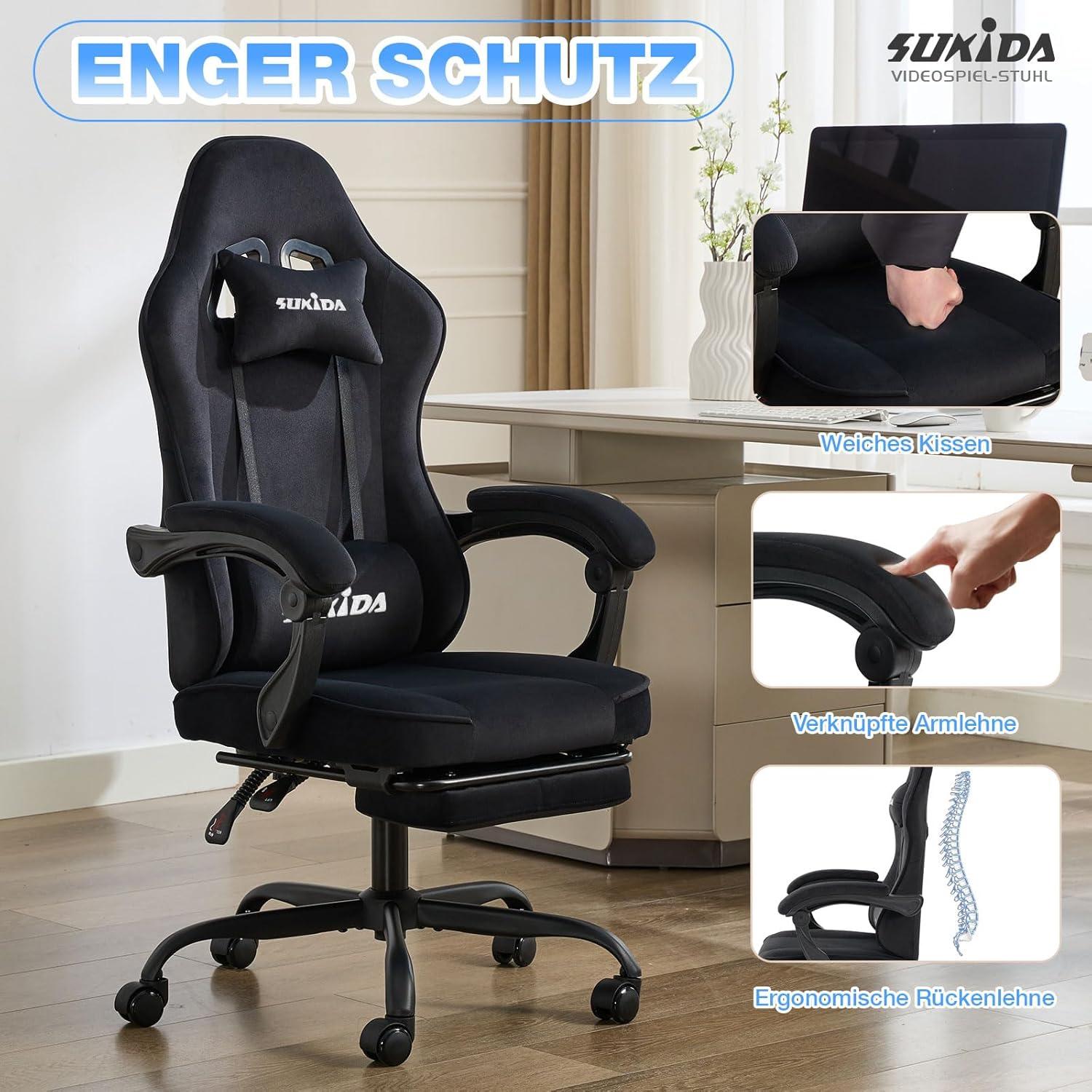 Gaming Stuhl Stoff Schwarz mit Fußstütze Lordosenstütze