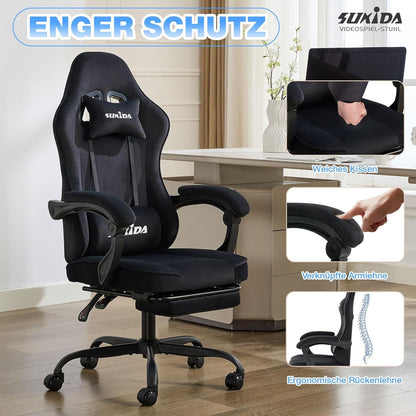 Gaming Stuhl Stoff Schwarz mit Fußstütze Lordosenstütze
