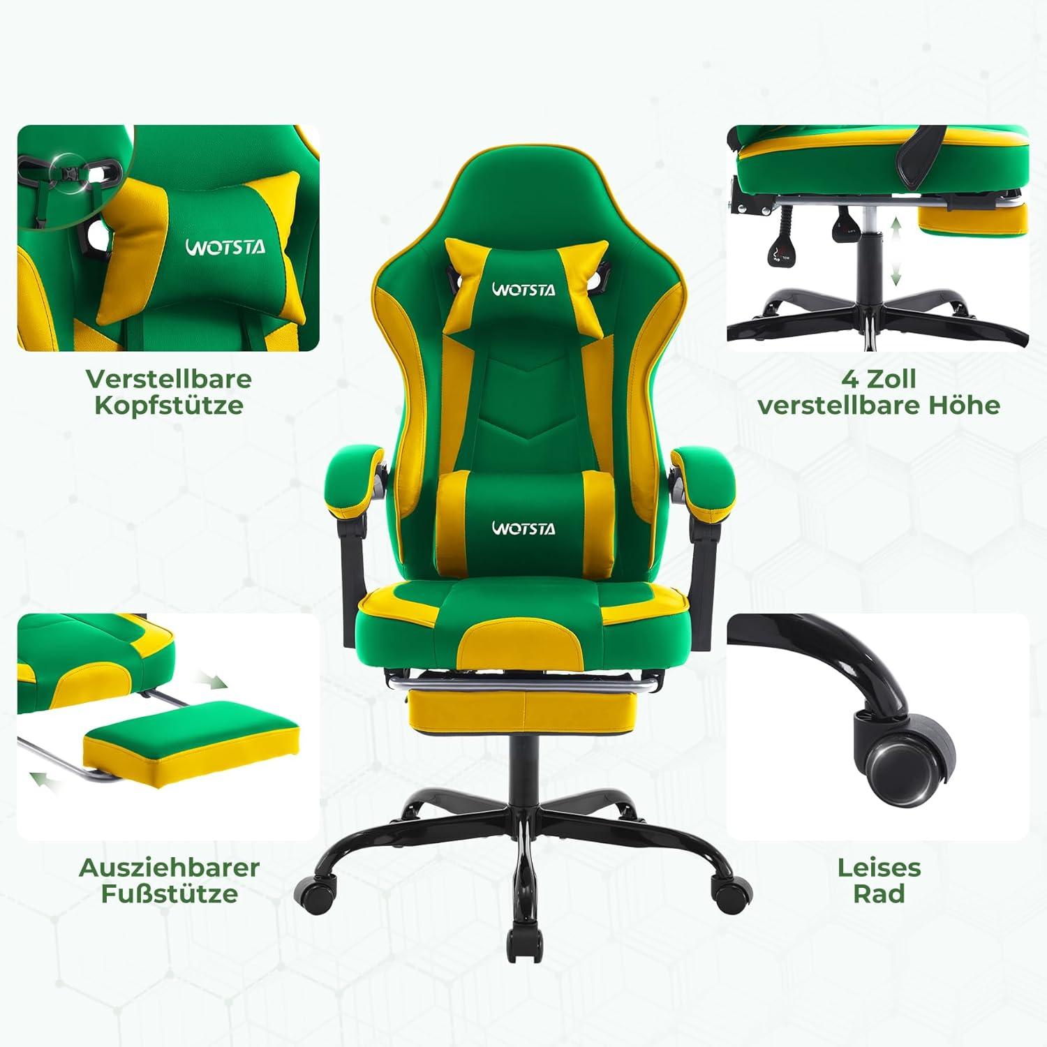 Ergonomischer Gaming-Stuhl mit Fußstütze und Lendenwirbelstütze in Grün-Gelb