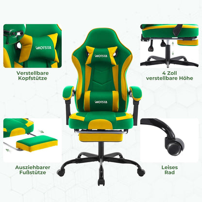 Ergonomischer Gaming-Stuhl mit Fußstütze und Lendenwirbelstütze in Grün-Gelb