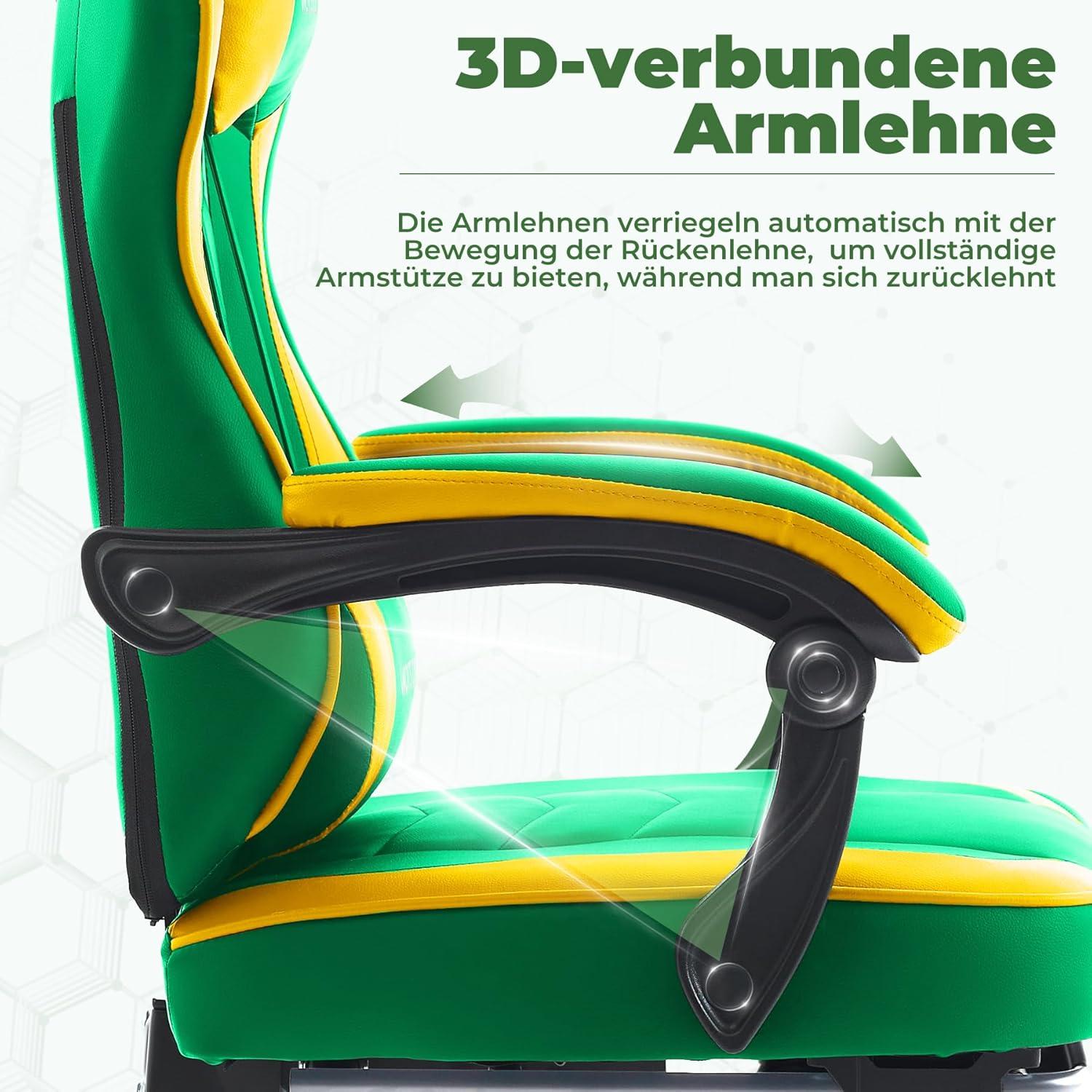 Ergonomischer Gaming Chair mit Fußstütze und Lendenwirbelstütze GrünGelb