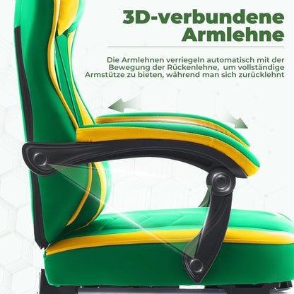 Ergonomischer Gaming Chair mit Fußstütze und Lendenwirbelstütze GrünGelb