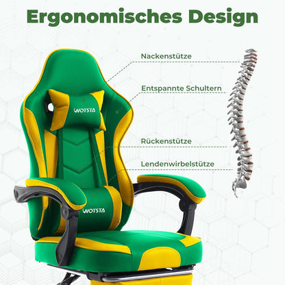 Gaming Chair mit Fußstütze und Lendenwirbelstütze in GrünGelb