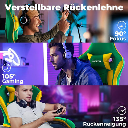 Ergonomischer Gaming Chair mit Fußstütze und Lendenwirbelstütze GrünGelb