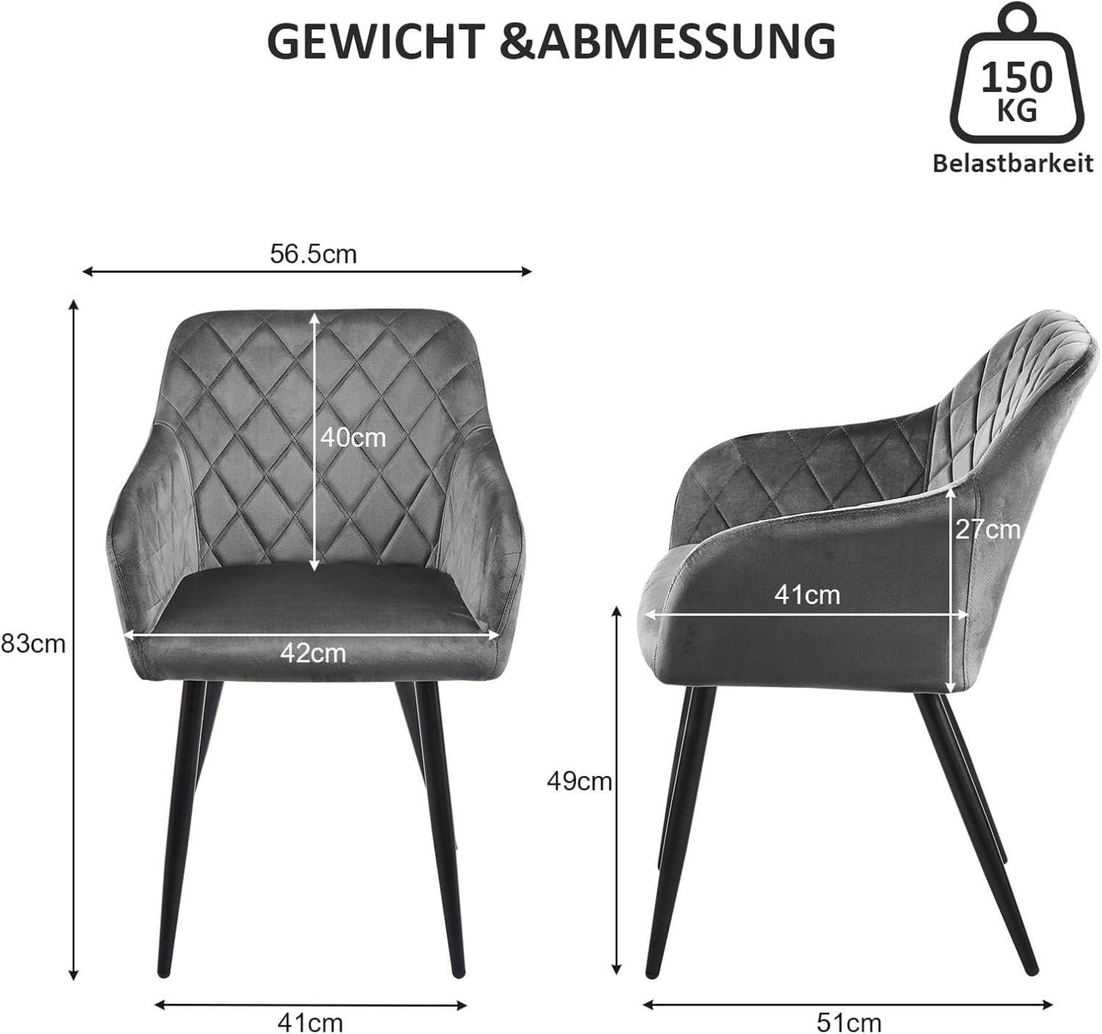 Esszimmerstuhl Samt grau Armlehne Metallbeine Polstersessel