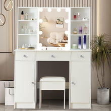 Schminktisch mit Beleuchtung, Spiegel, Hocker, MDF, Weiß, 100x40x140cm